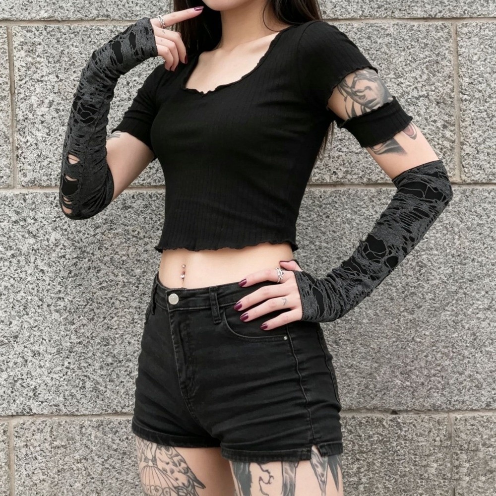 Fingerless Glove Knit - Long Punk Gloves Distressed Style Desert
